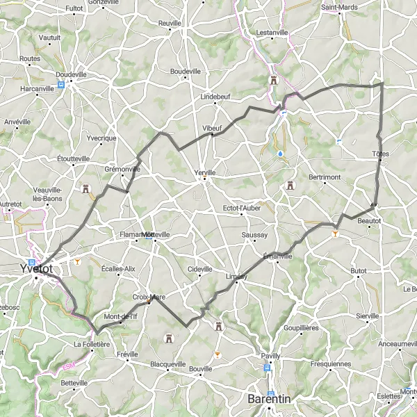 Map miniature of "Country Roads and Charming Villages Adventure" cycling inspiration in Haute-Normandie, France. Generated by Tarmacs.app cycling route planner