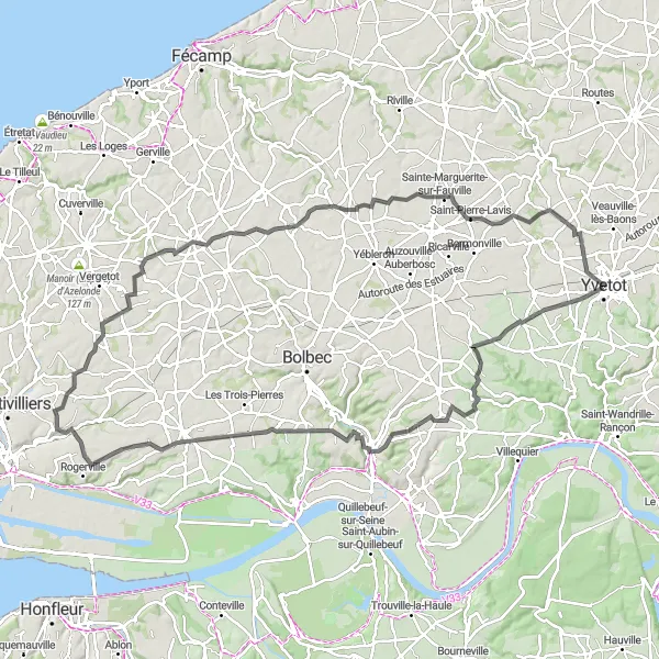 Miniature de la carte de l'inspiration cycliste "Les Collines de Seine-Maritime" dans la Haute-Normandie, France. Générée par le planificateur d'itinéraire cycliste Tarmacs.app