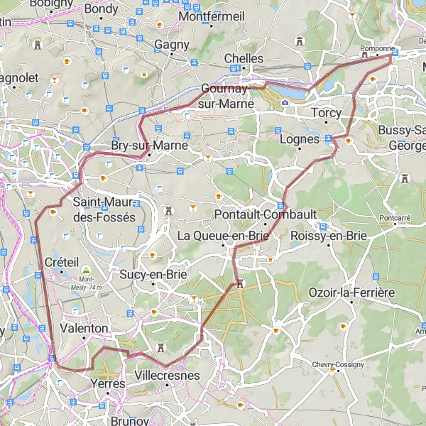 Miniature de la carte de l'inspiration cycliste "Parcours de 70 km en gravel jusqu'à Mont Griffon" dans la Ile-de-France, France. Générée par le planificateur d'itinéraire cycliste Tarmacs.app