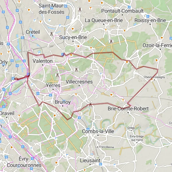 Miniature de la carte de l'inspiration cycliste "Parcours de 53 km en gravel jusqu'à Montgeron" dans la Ile-de-France, France. Générée par le planificateur d'itinéraire cycliste Tarmacs.app