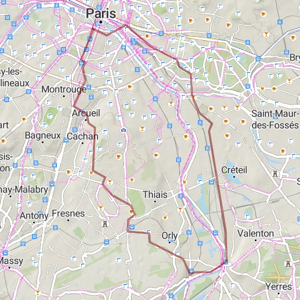 Miniature de la carte de l'inspiration cycliste "Randonnée de 42 km en gravel jusqu'à Ablon-sur-Seine" dans la Ile-de-France, France. Générée par le planificateur d'itinéraire cycliste Tarmacs.app
