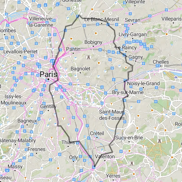 Miniature de la carte de l'inspiration cycliste "Boucle de 66 km vers Villeneuve-Saint-Georges" dans la Ile-de-France, France. Générée par le planificateur d'itinéraire cycliste Tarmacs.app