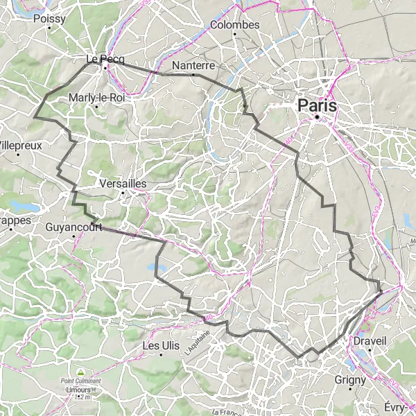 Miniature de la carte de l'inspiration cycliste "Parcours de 103 km avec vue sur le Promontoire des Étangs de Saclay" dans la Ile-de-France, France. Générée par le planificateur d'itinéraire cycliste Tarmacs.app