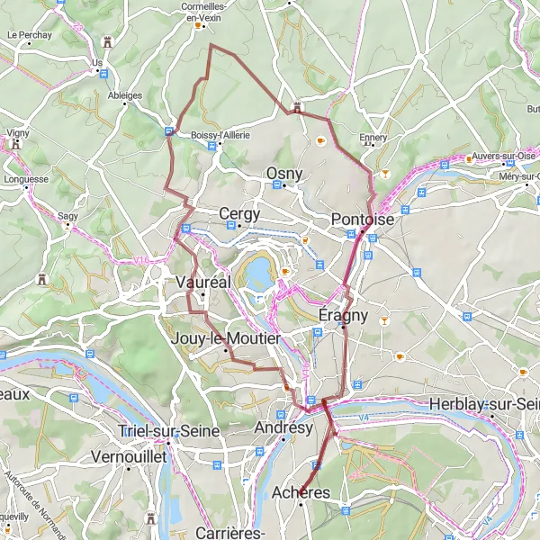 Map miniature of "The Gravel Route: Exploring Conflans-Sainte-Honorine and Pontoise" cycling inspiration in Ile-de-France, France. Generated by Tarmacs.app cycling route planner