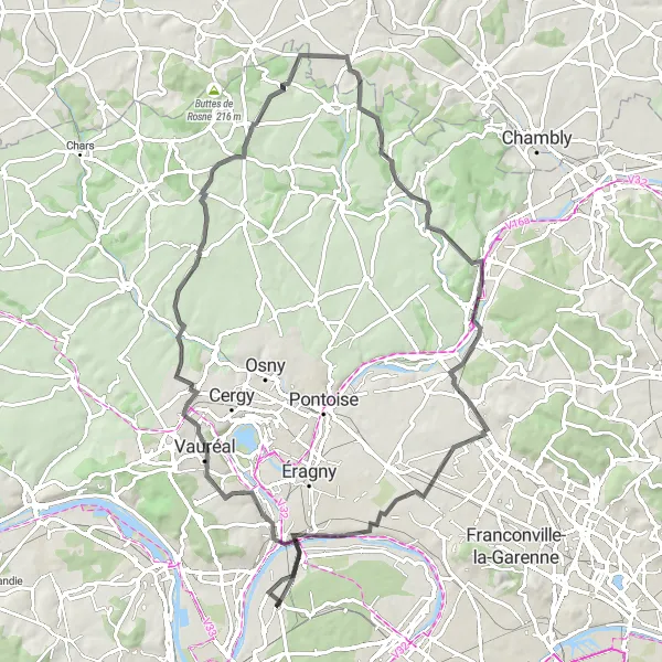 Miniature de la carte de l'inspiration cycliste "Parcours entre Conflans-Sainte-Honorine et Amblainville" dans la Ile-de-France, France. Générée par le planificateur d'itinéraire cycliste Tarmacs.app