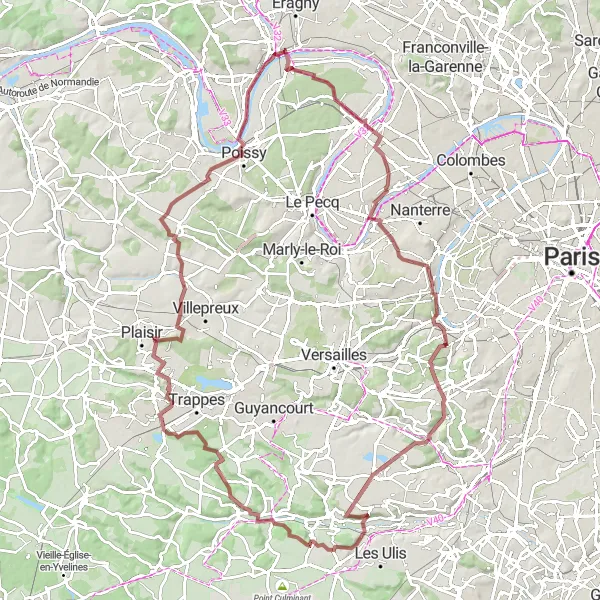 Map miniature of "Gravel Route from Andrésy to Gif-sur-Yvette" cycling inspiration in Ile-de-France, France. Generated by Tarmacs.app cycling route planner