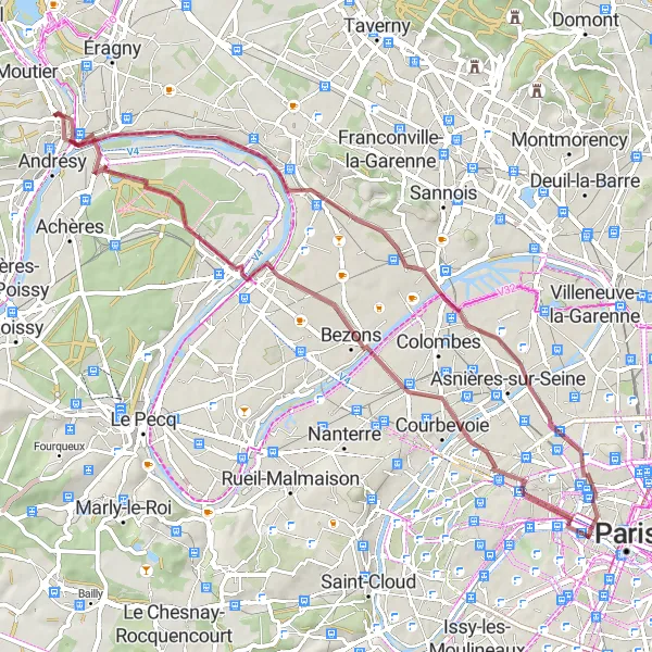 Map miniature of "Gravel Route from Andrésy to Cormeilles-en-Parisis" cycling inspiration in Ile-de-France, France. Generated by Tarmacs.app cycling route planner