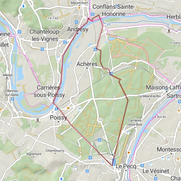 Map miniature of "Scenic Gravel Ride near Andrésy" cycling inspiration in Ile-de-France, France. Generated by Tarmacs.app cycling route planner