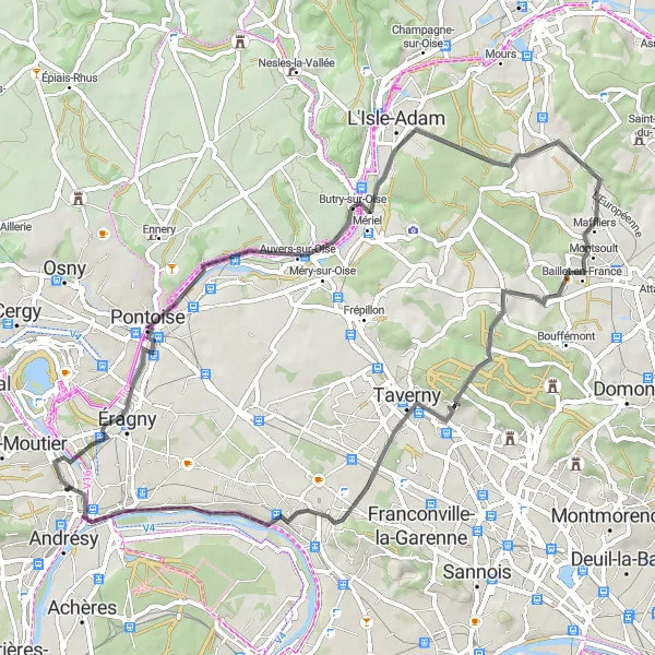 Map miniature of "Road Cycling Route: Andrésy to Montsoult" cycling inspiration in Ile-de-France, France. Generated by Tarmacs.app cycling route planner