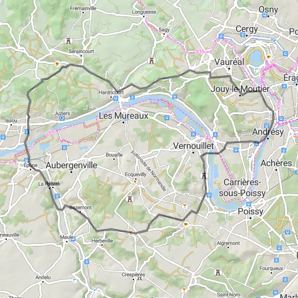 Map miniature of "The Charming Loop through Andrésy and Surrounding Villages" cycling inspiration in Ile-de-France, France. Generated by Tarmacs.app cycling route planner