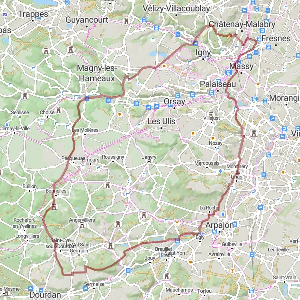 Miniature de la carte de l'inspiration cycliste "La boucle de la vallée de Chevreuse" dans la Ile-de-France, France. Générée par le planificateur d'itinéraire cycliste Tarmacs.app
