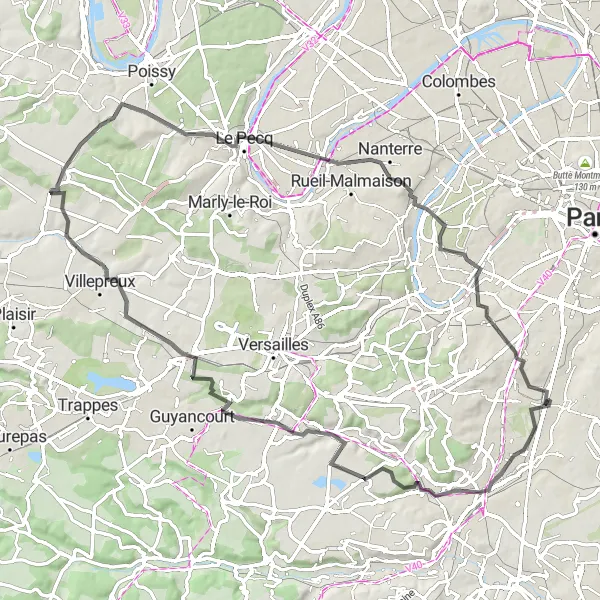 Map miniature of "Valleys and Hills" cycling inspiration in Ile-de-France, France. Generated by Tarmacs.app cycling route planner