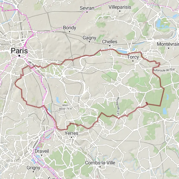 Map miniature of "Gravel Route: Arcueil to Cachan via Ozoir-la-Ferrière" cycling inspiration in Ile-de-France, France. Generated by Tarmacs.app cycling route planner