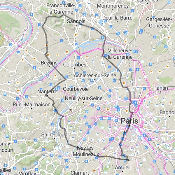 Map miniature of "Road Route: Arcueil to Montagne Sainte-Geneviève via Montmartre" cycling inspiration in Ile-de-France, France. Generated by Tarmacs.app cycling route planner