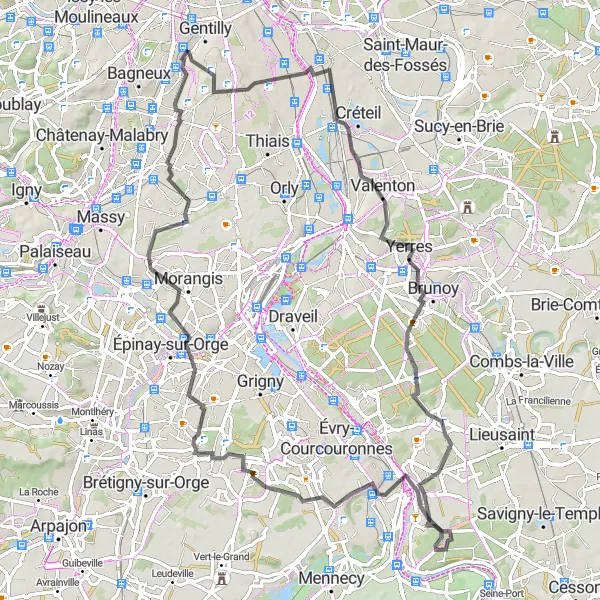 Map miniature of "Road Route: Arcueil to L'Haÿ-les-Roses via Créteil" cycling inspiration in Ile-de-France, France. Generated by Tarmacs.app cycling route planner