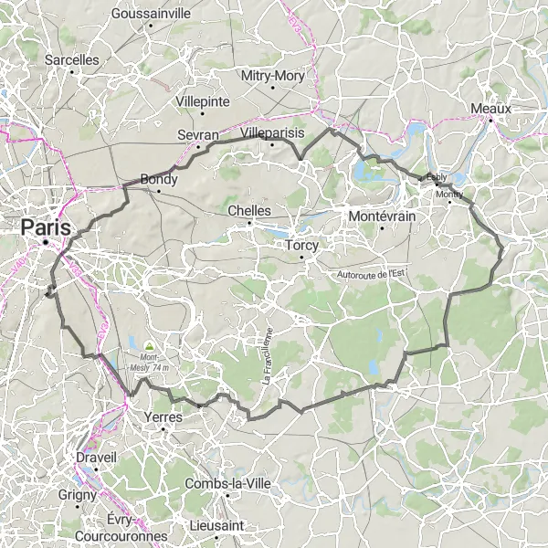 Map miniature of "Circular Route from Arcueil via Butte de Coupeaux, Bastille, and Claye-Souilly" cycling inspiration in Ile-de-France, France. Generated by Tarmacs.app cycling route planner