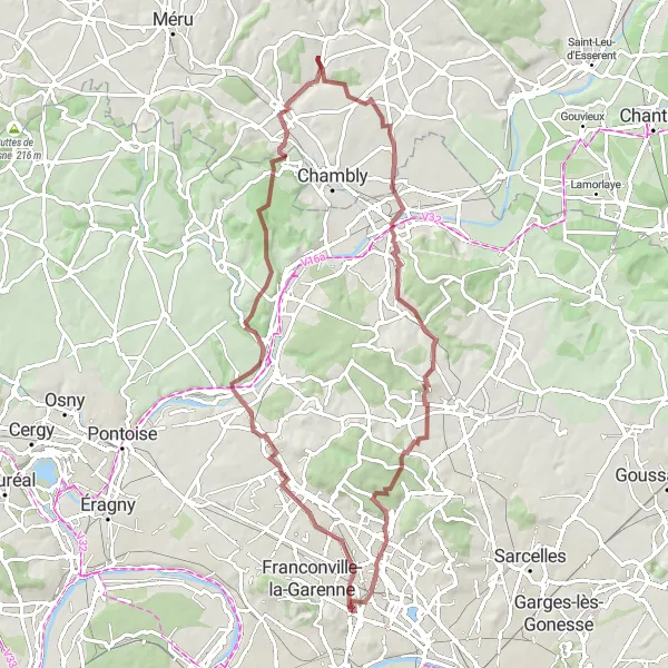 Map miniature of "Gravel Adventure in Val-d'Oise" cycling inspiration in Ile-de-France, France. Generated by Tarmacs.app cycling route planner