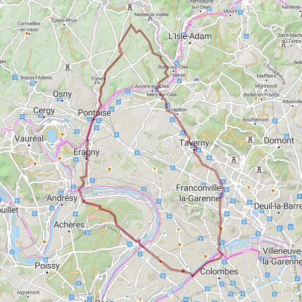 Map miniature of "Gravel Route: Scenic Suburbs and Countryside" cycling inspiration in Ile-de-France, France. Generated by Tarmacs.app cycling route planner