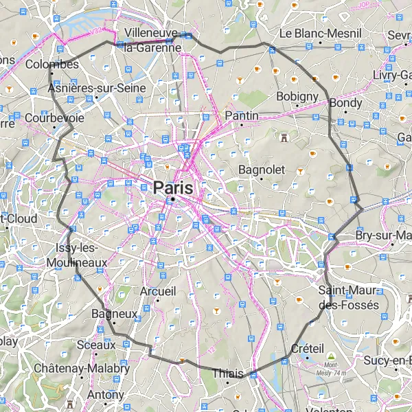 Map miniature of "The Hills of Argenteuil" cycling inspiration in Ile-de-France, France. Generated by Tarmacs.app cycling route planner