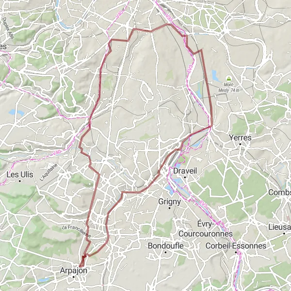 Miniature de la carte de l'inspiration cycliste "Circuit de Gravel autour d'Arpajon" dans la Ile-de-France, France. Générée par le planificateur d'itinéraire cycliste Tarmacs.app