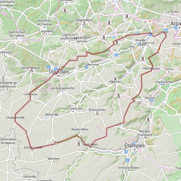 Map miniature of "Exploring Corbreuse and Château de Baville" cycling inspiration in Ile-de-France, France. Generated by Tarmacs.app cycling route planner