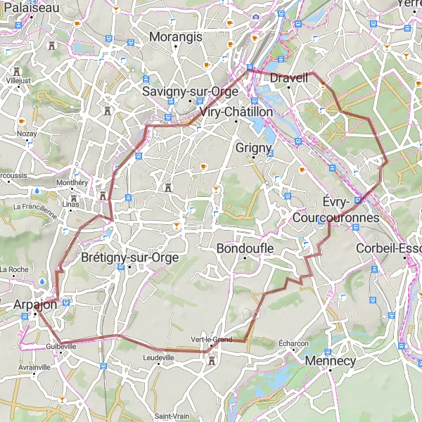 Map miniature of "Saint-Michel-sur-Orge Gravel Route" cycling inspiration in Ile-de-France, France. Generated by Tarmacs.app cycling route planner