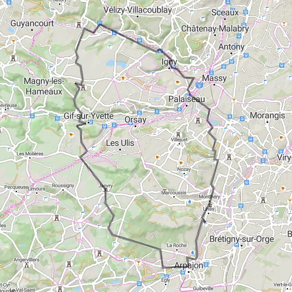 Miniature de la carte de l'inspiration cycliste "Boucle des Vallées et Châteaux du Hurepoix" dans la Ile-de-France, France. Générée par le planificateur d'itinéraire cycliste Tarmacs.app