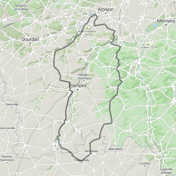 Map miniature of "Boissy-sous-Saint-Yon Loop" cycling inspiration in Ile-de-France, France. Generated by Tarmacs.app cycling route planner