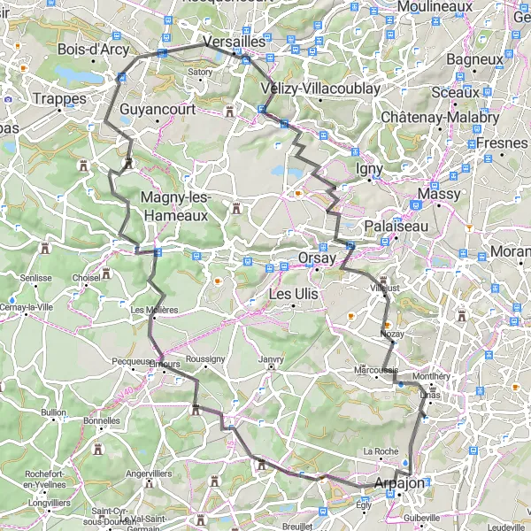 Map miniature of "Road Trip through Montigny-le-Bretonneux" cycling inspiration in Ile-de-France, France. Generated by Tarmacs.app cycling route planner