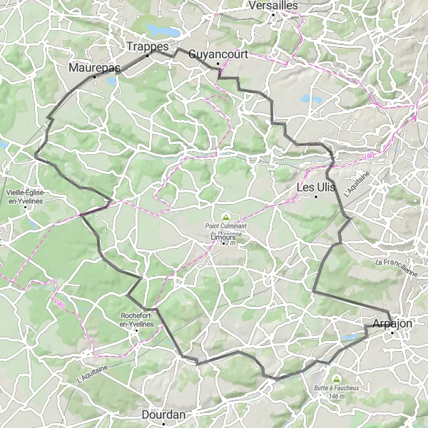 Miniature de la carte de l'inspiration cycliste "Parcours des Vallées de l'Yvette et de la Renarde" dans la Ile-de-France, France. Générée par le planificateur d'itinéraire cycliste Tarmacs.app