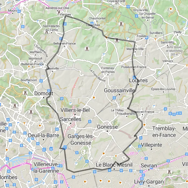 Miniature de la carte de l'inspiration cycliste "Parcours vers Viarmes et Luzarches" dans la Ile-de-France, France. Générée par le planificateur d'itinéraire cycliste Tarmacs.app