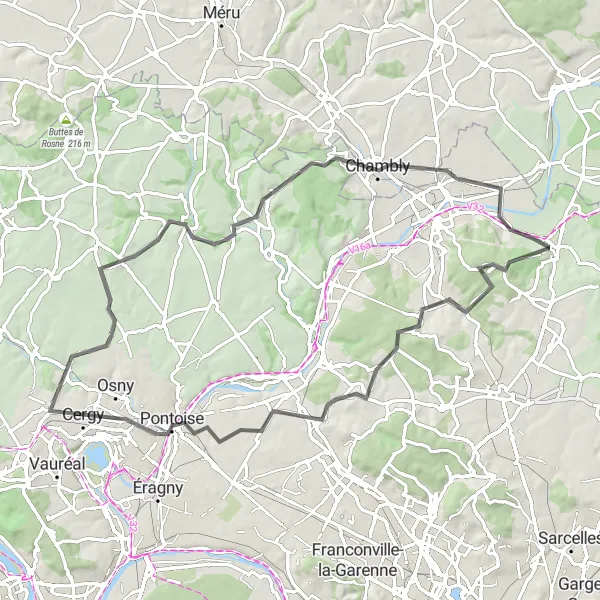 Map miniature of "Scenic Val d'Oise" cycling inspiration in Ile-de-France, France. Generated by Tarmacs.app cycling route planner