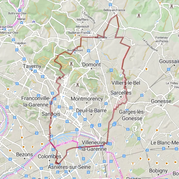 Map miniature of "Gravel Challenge to Villaines-sous-Bois and Belvédère" cycling inspiration in Ile-de-France, France. Generated by Tarmacs.app cycling route planner