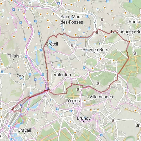 Map miniature of "Val-de-Marne Gravel Adventure" cycling inspiration in Ile-de-France, France. Generated by Tarmacs.app cycling route planner