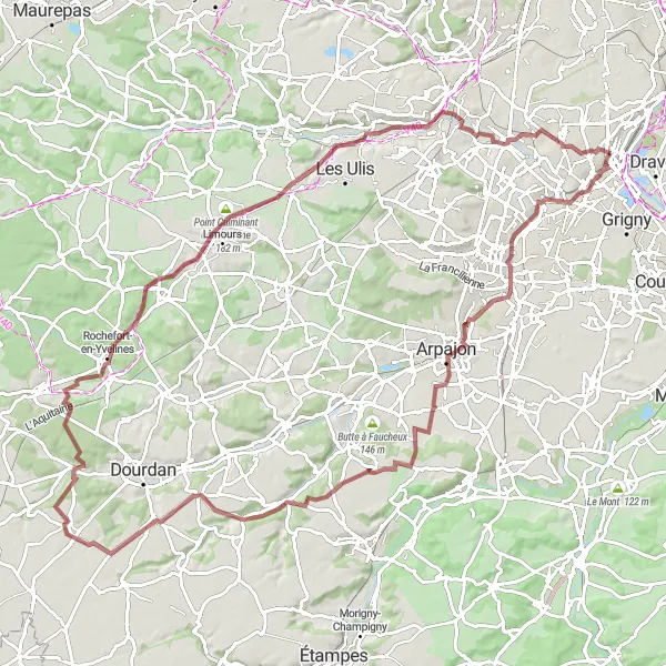 Map miniature of "Essonne Gravel Loop" cycling inspiration in Ile-de-France, France. Generated by Tarmacs.app cycling route planner