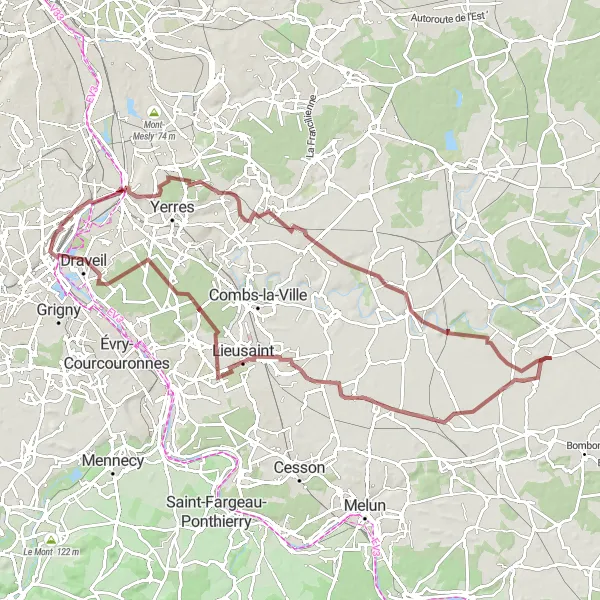 Map miniature of "Gravel Adventure to Crisenoy and Mont Griffon" cycling inspiration in Ile-de-France, France. Generated by Tarmacs.app cycling route planner