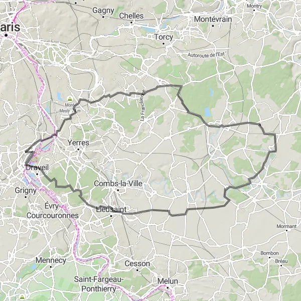 Miniature de la carte de l'inspiration cycliste "Parcours entre Brie et Seine" dans la Ile-de-France, France. Générée par le planificateur d'itinéraire cycliste Tarmacs.app