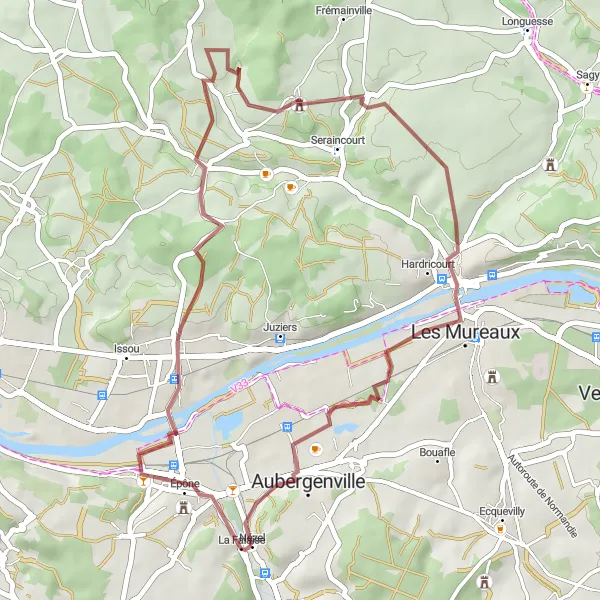 Map miniature of "Gravel adventure through Aubergenville and Les Mureaux" cycling inspiration in Ile-de-France, France. Generated by Tarmacs.app cycling route planner