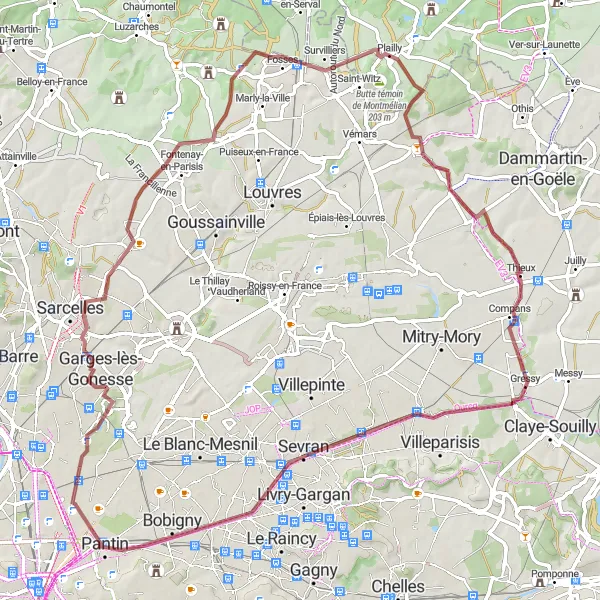 Miniature de la carte de l'inspiration cycliste "Tour de la Banlieue Nord" dans la Ile-de-France, France. Générée par le planificateur d'itinéraire cycliste Tarmacs.app