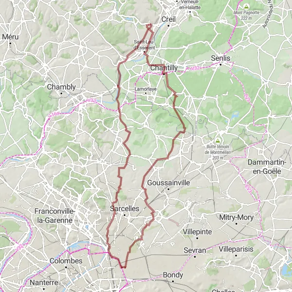 Map miniature of "The Gravel Adventure to Chantilly" cycling inspiration in Ile-de-France, France. Generated by Tarmacs.app cycling route planner