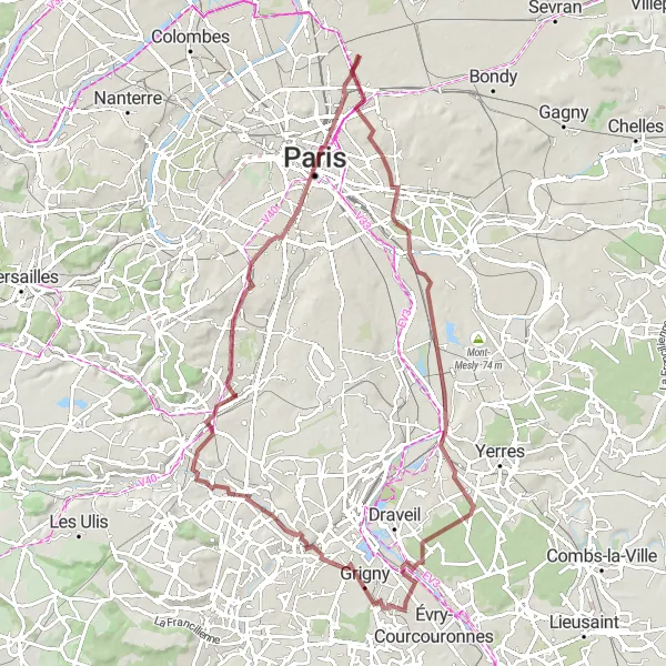 Map miniature of "Gravel Cycling in Southern Suburbs" cycling inspiration in Ile-de-France, France. Generated by Tarmacs.app cycling route planner