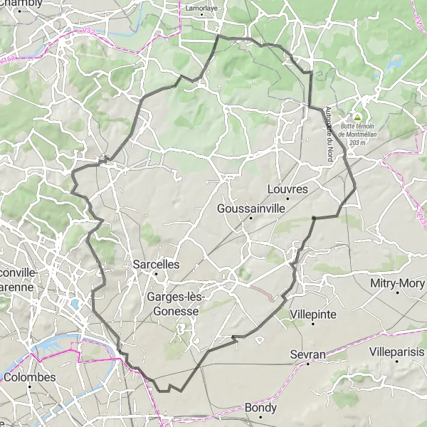 Map miniature of "From Suburbia to Forests: A Road Adventure" cycling inspiration in Ile-de-France, France. Generated by Tarmacs.app cycling route planner