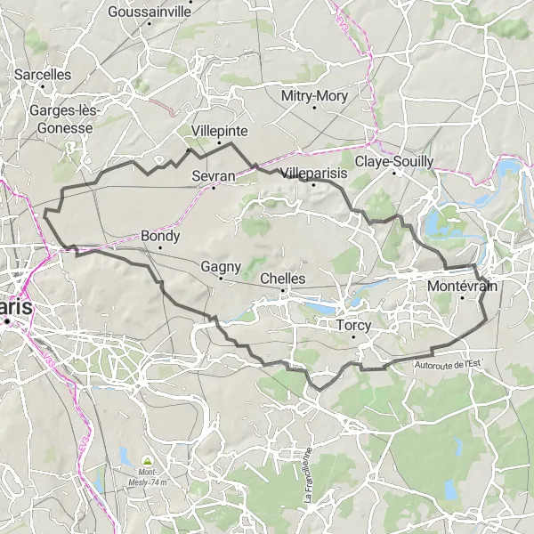 Miniature de la carte de l'inspiration cycliste "Parcours des Villes Suburbanes" dans la Ile-de-France, France. Générée par le planificateur d'itinéraire cycliste Tarmacs.app