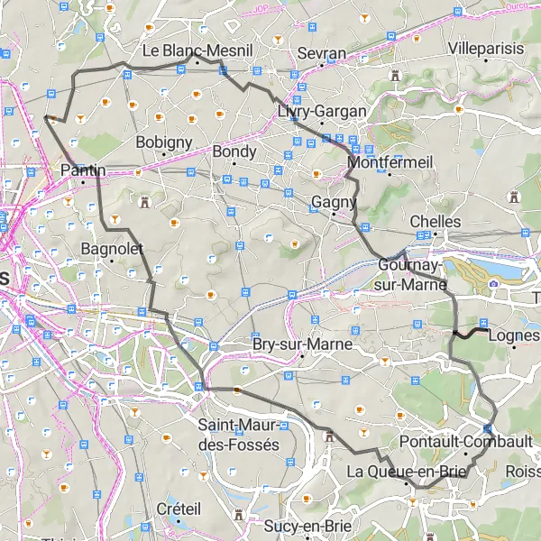 Map miniature of "Road Cycling in Eastern Suburbs" cycling inspiration in Ile-de-France, France. Generated by Tarmacs.app cycling route planner