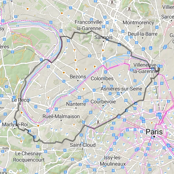 Map miniature of "Road Cycling through Western Suburbs" cycling inspiration in Ile-de-France, France. Generated by Tarmacs.app cycling route planner