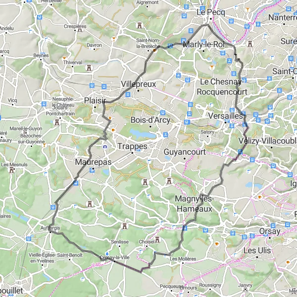 Map miniature of "Challenging Hills and Enchanting Sites" cycling inspiration in Ile-de-France, France. Generated by Tarmacs.app cycling route planner