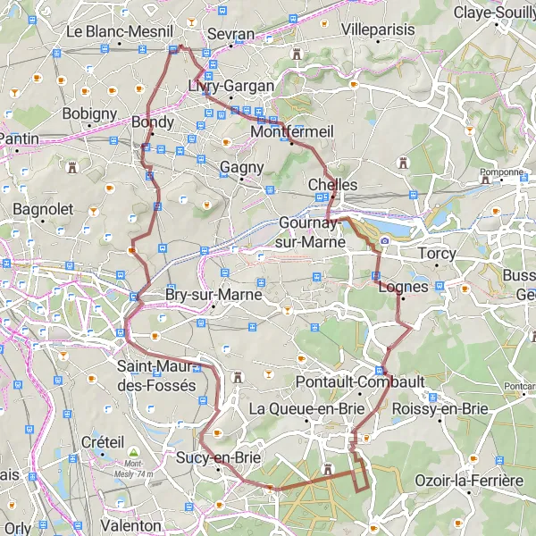 Miniature de la carte de l'inspiration cycliste "Boucle des Châteaux et Villages en Gravel" dans la Ile-de-France, France. Générée par le planificateur d'itinéraire cycliste Tarmacs.app