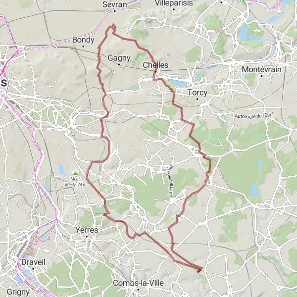 Miniature de la carte de l'inspiration cycliste "Tour des Montagnes Mystérieuses en Gravel" dans la Ile-de-France, France. Générée par le planificateur d'itinéraire cycliste Tarmacs.app