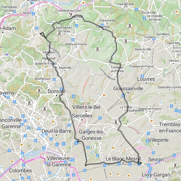 Miniature de la carte de l'inspiration cycliste "Parcours routier d'Aulnay-sous-Bois à Gonesse" dans la Ile-de-France, France. Générée par le planificateur d'itinéraire cycliste Tarmacs.app