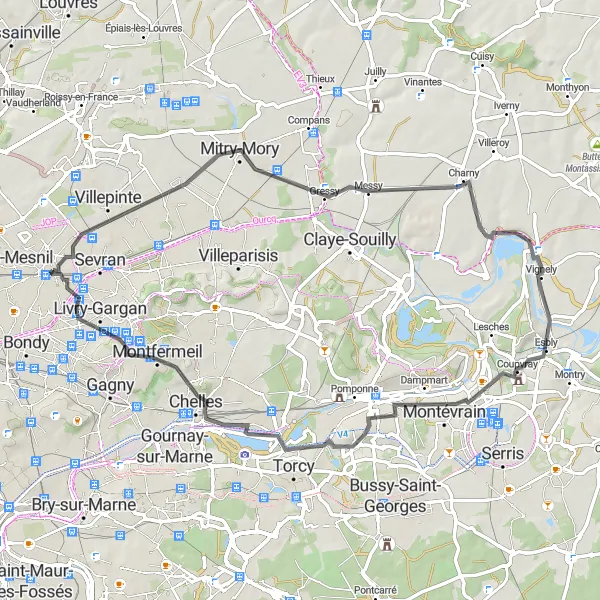 Miniature de la carte de l'inspiration cycliste "La Boucle des Forêts de Seine-et-Marne" dans la Ile-de-France, France. Générée par le planificateur d'itinéraire cycliste Tarmacs.app